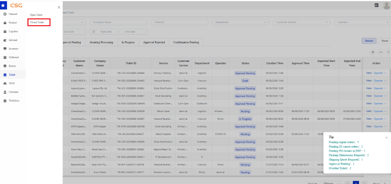 Overview screen in the CSG Customer Portal